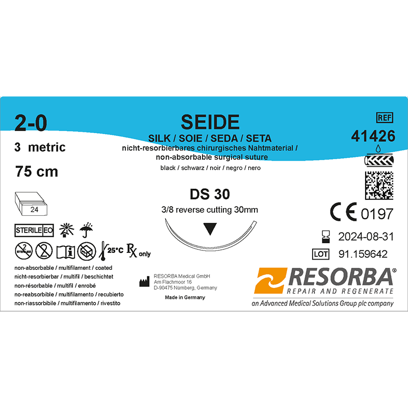 Шовк USP 2-0 чорний, довжина 75 см, голка зворотньо-ріжуча 30 мм, 3/8 кола